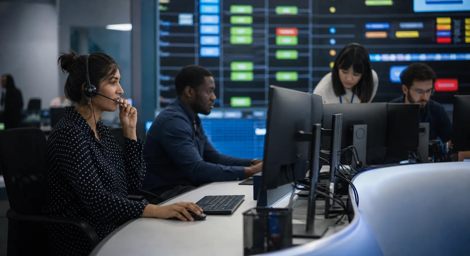 International workforce delivery specialists coordinating live operations